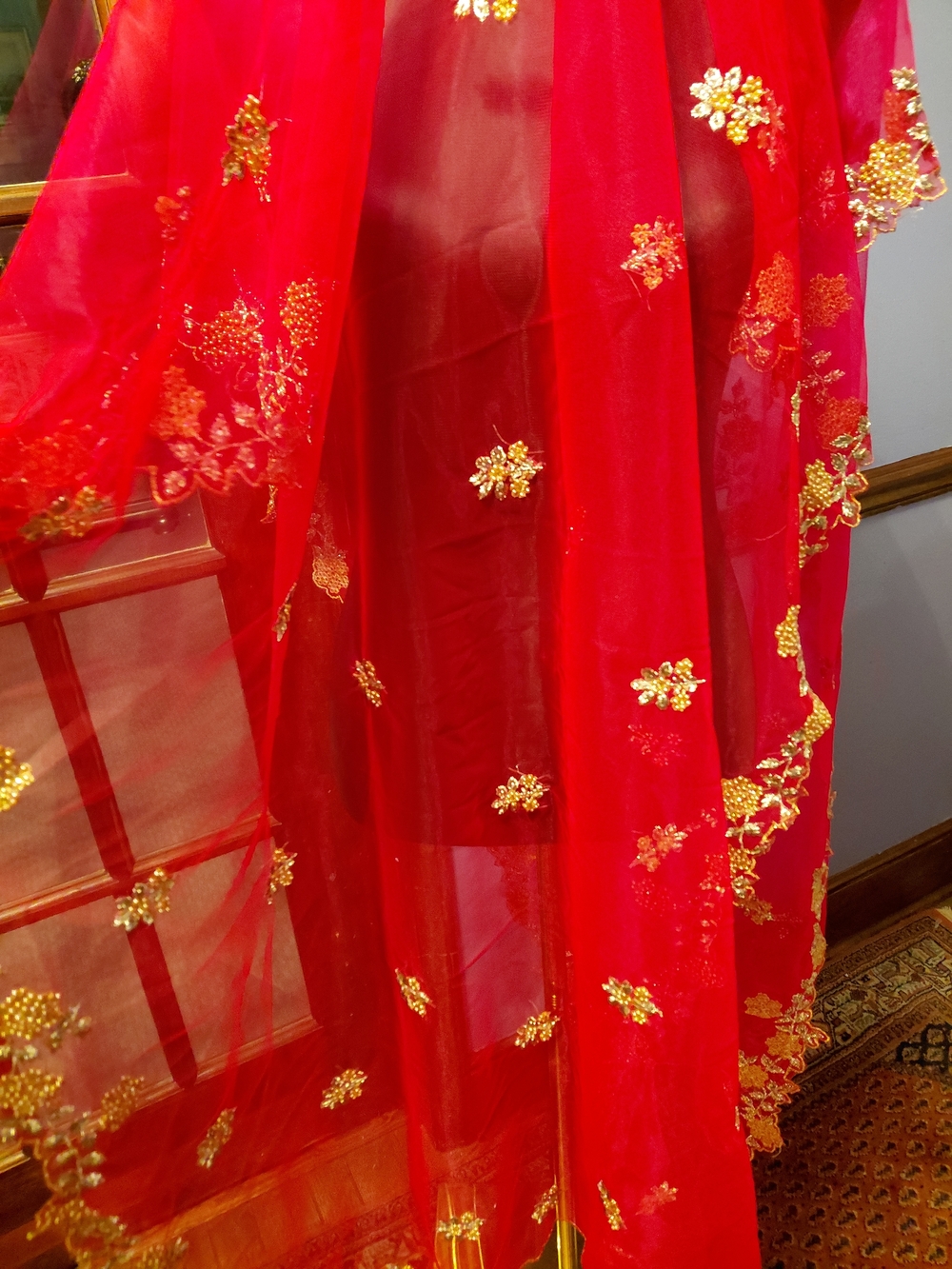 Red Sheer Scarf with Gold Embellished Floral Accents